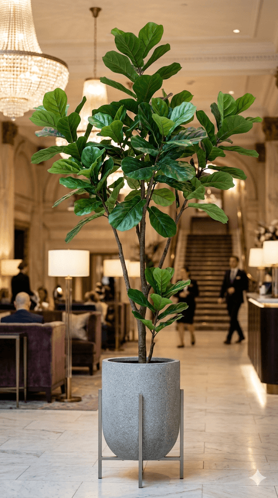 Fiddle-leaf fig specimen in commercial hotel lobby