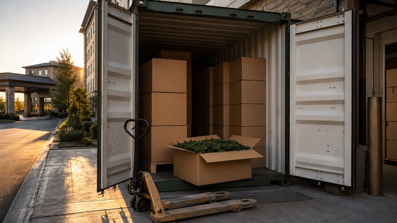Open shipping container at a hotel loading dock at dawn, stacked cartons inside and one open carton showing green foliage, a pallet jack in front