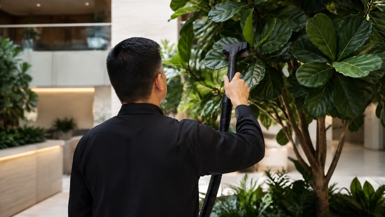 A technician in a dark uniform, seen from behind, cleaning the leaves of a large fiddle-leaf tree in a corporate atrium with a soft-brush vacuum attachment