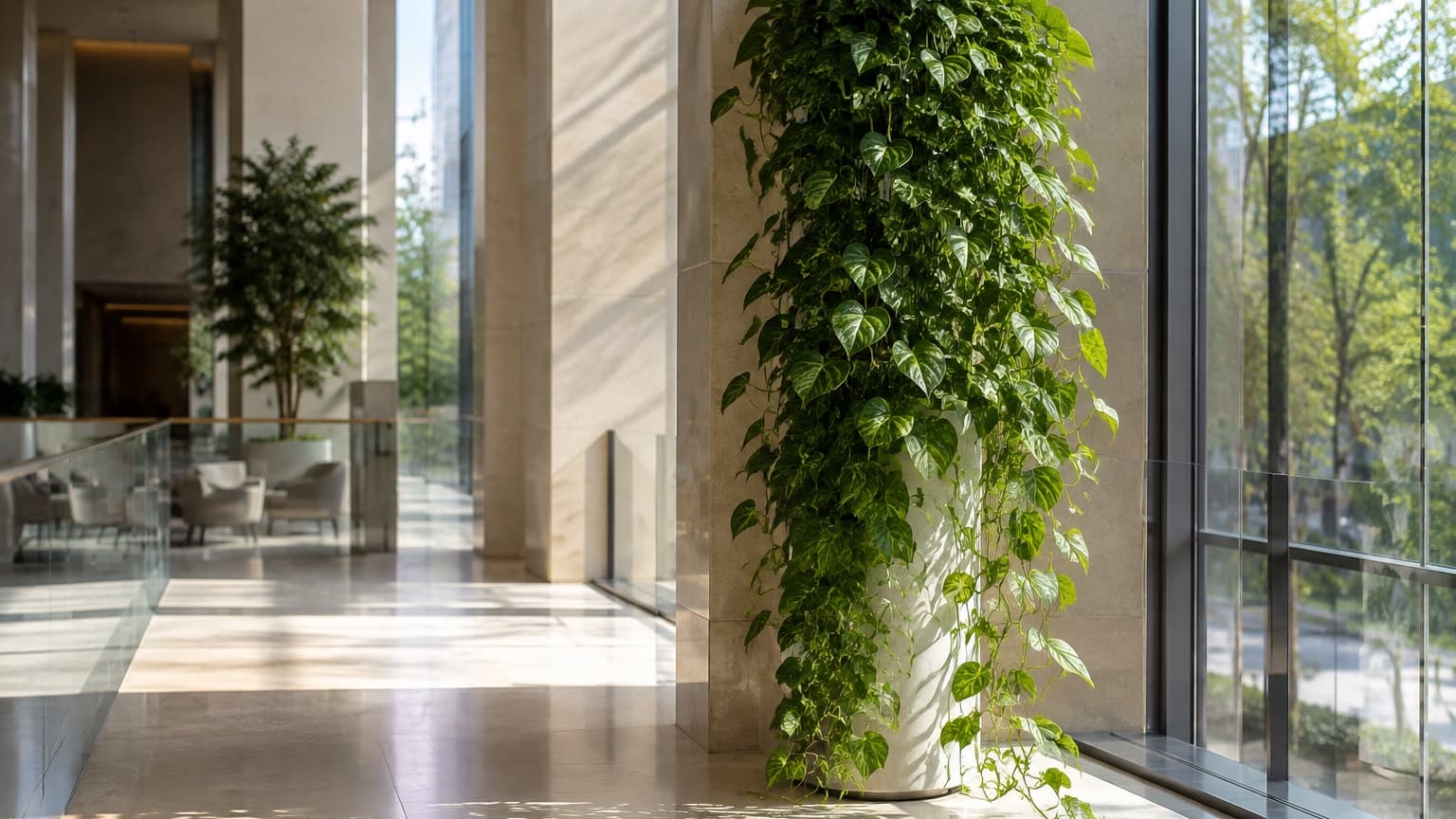 A tall trailing pothos in a white planter beside a floor-to-ceiling glass wall in a hotel atrium, afternoon sun casting leaf shadows across a limestone floor